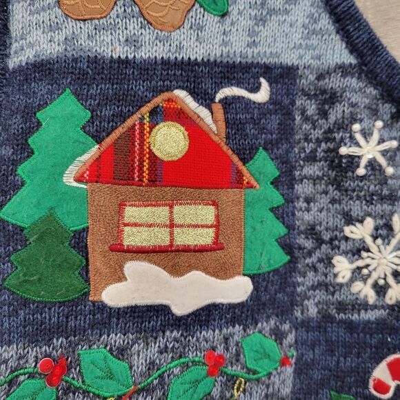 Heirloom Collectibles Y2K Embellished Christmas Sweater Zip Vest Blue Tartan - Picture 4 of 10